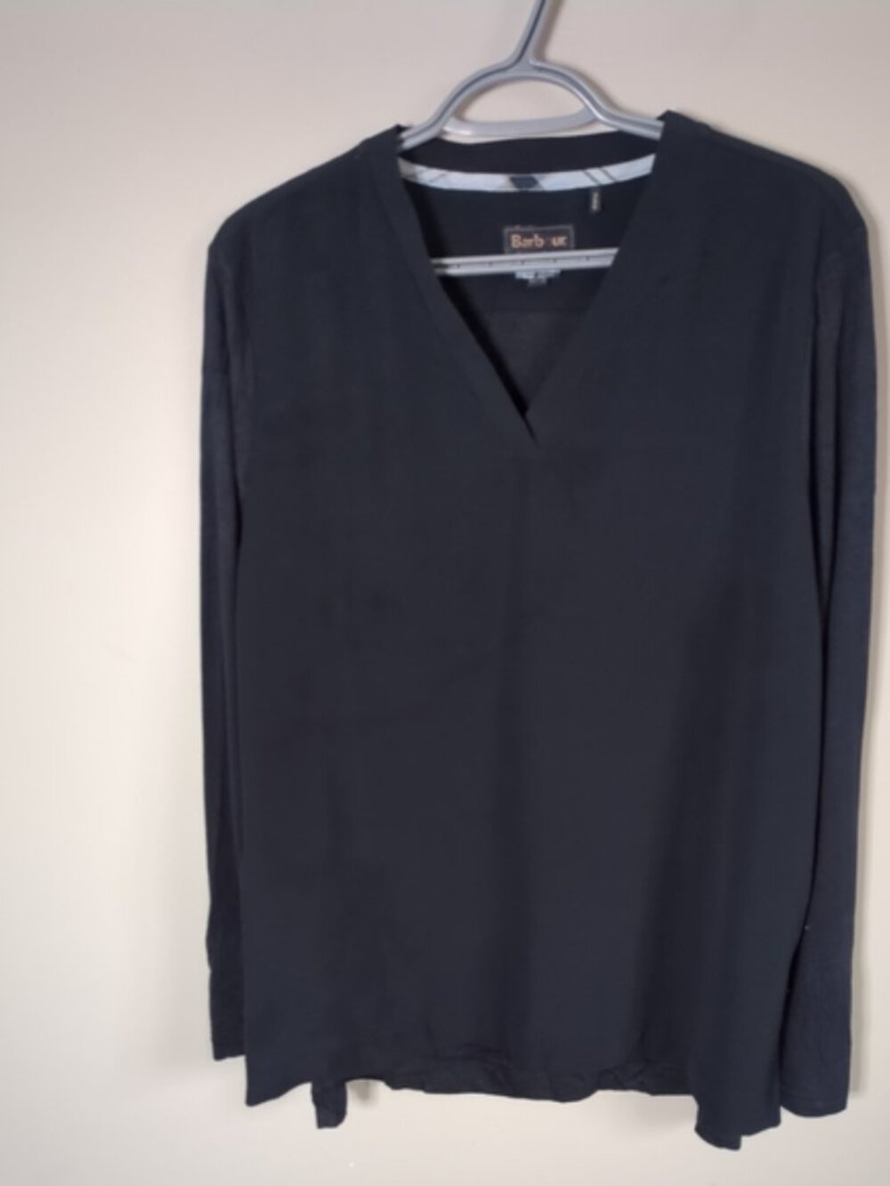 Barbour Summer Tartan Globe Top Mixed Media V Neck‎ Navy Blouse Shirt Size 14